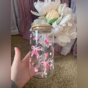 Pink Stripped bow glass cup